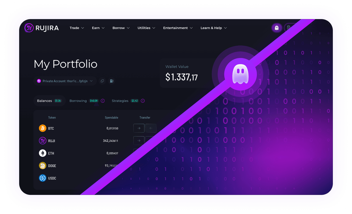 Rujira interface illustration with privacy redaction effect.