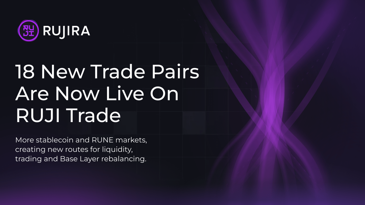 Rujira banner announcing 18 new trading pairs on RUJI Trade with abstract purple liquidity routes.