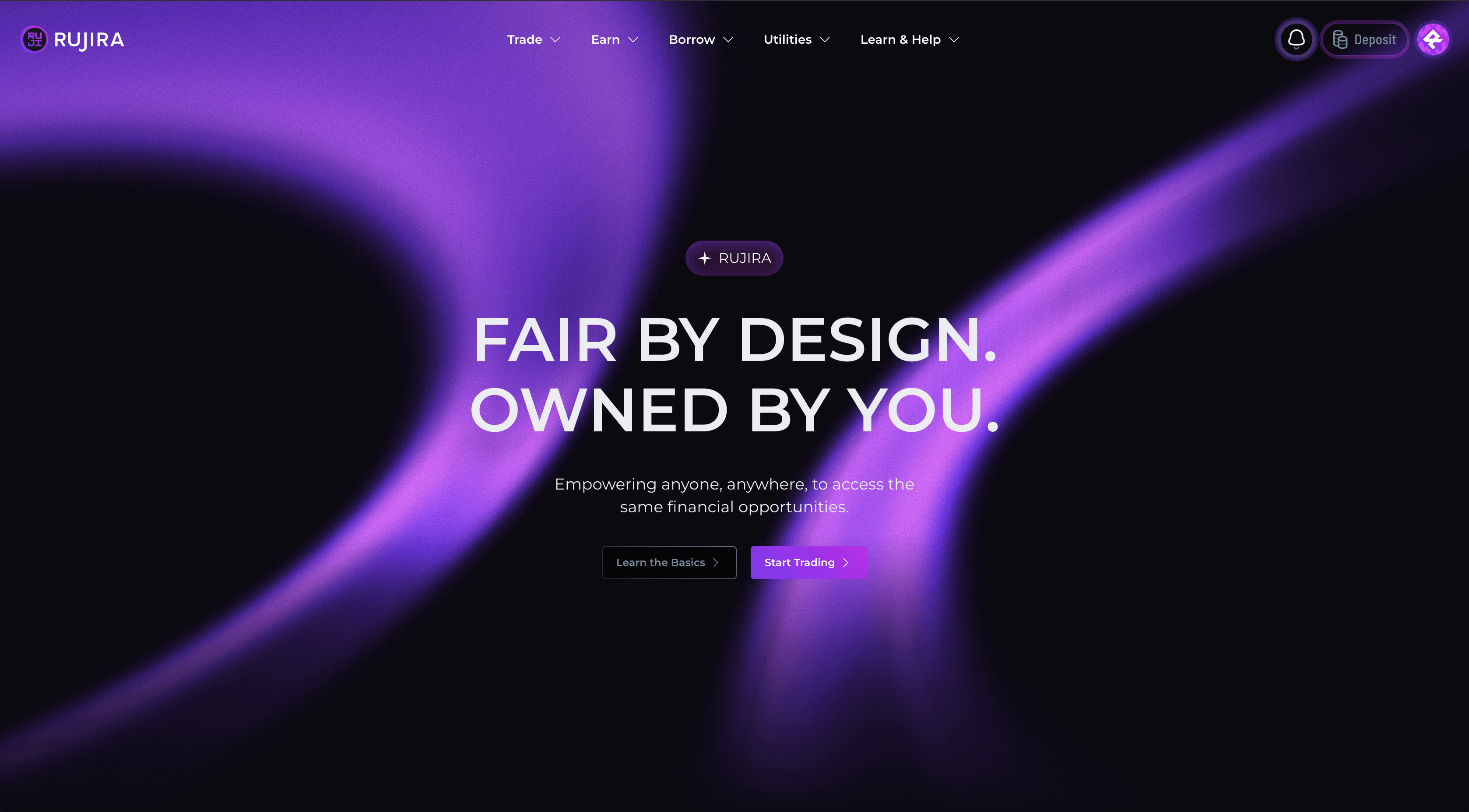 Rujira website hero showing the message Fair by Design. Owned by You. against a black background with flowing purple light.