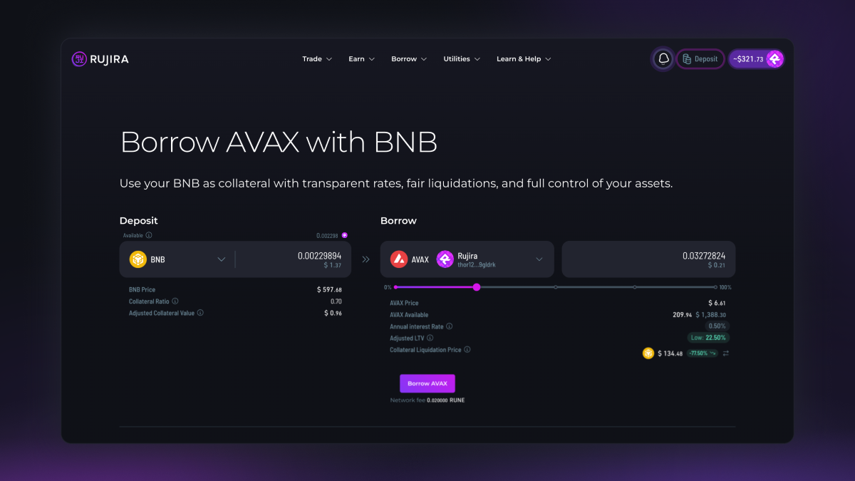 RUJI Money Market Borrow page showing BNB deposited as collateral to borrow AVAX, including the collateral ratio, Adjusted LTV, interest rate, and liquidation price.