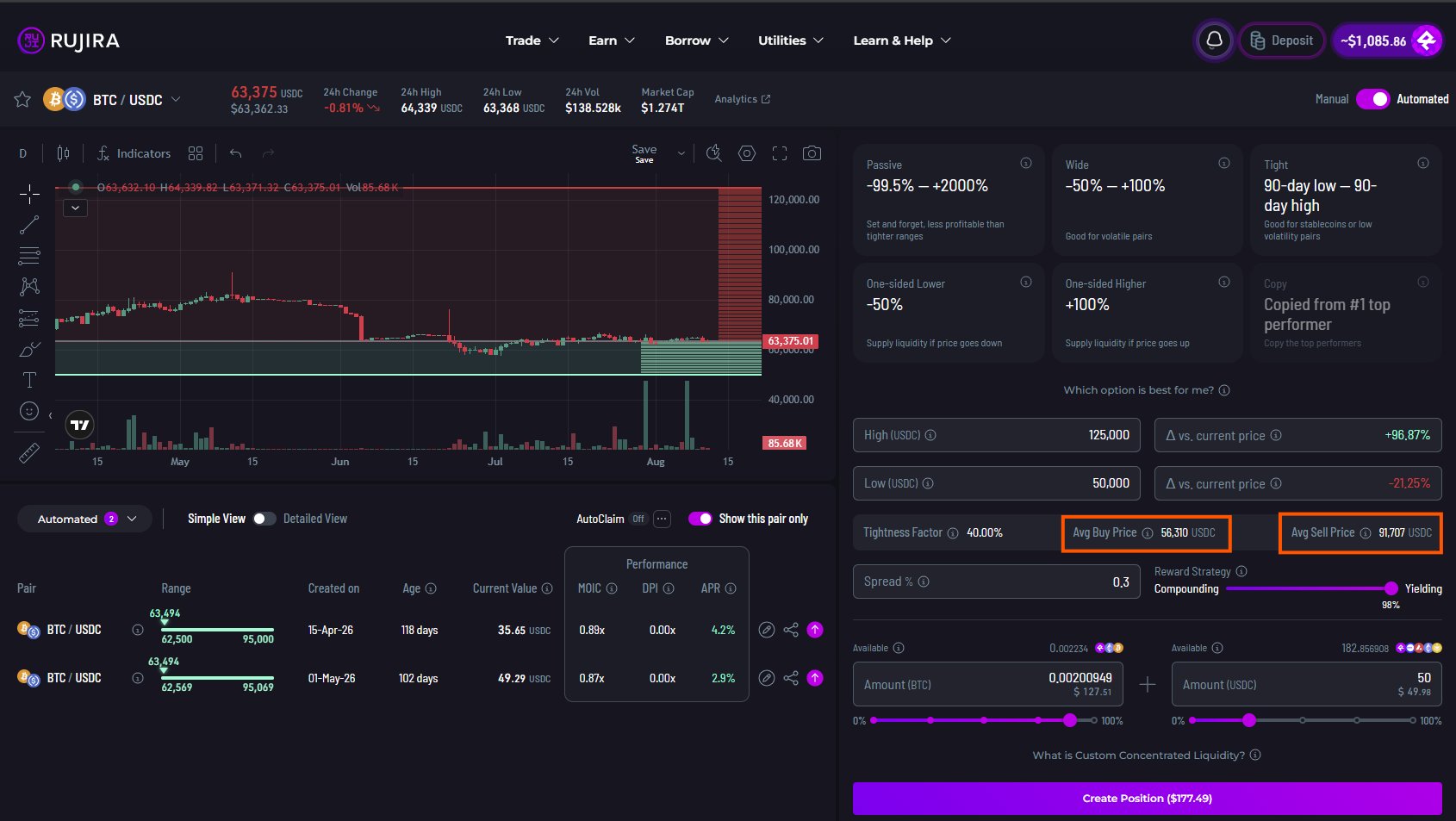 RUJI Trade interface showing a BTC/USDC CCL range and calculated average buy and sell prices.