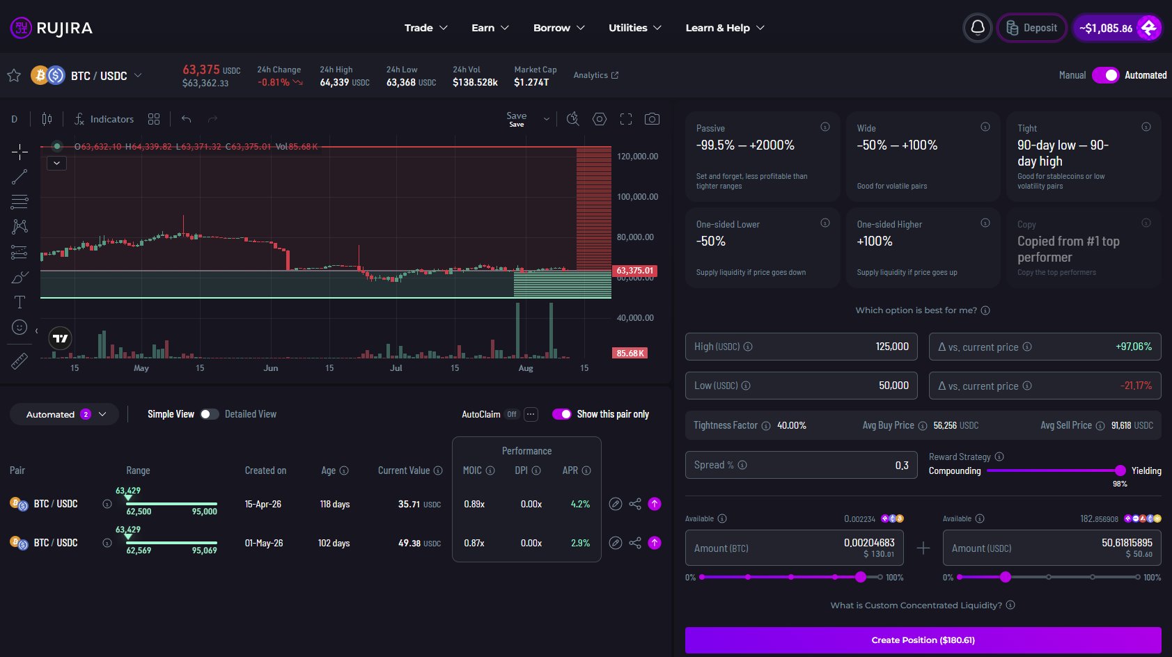 RUJI Trade Automated interface for creating a BTC/USDC CCL position.